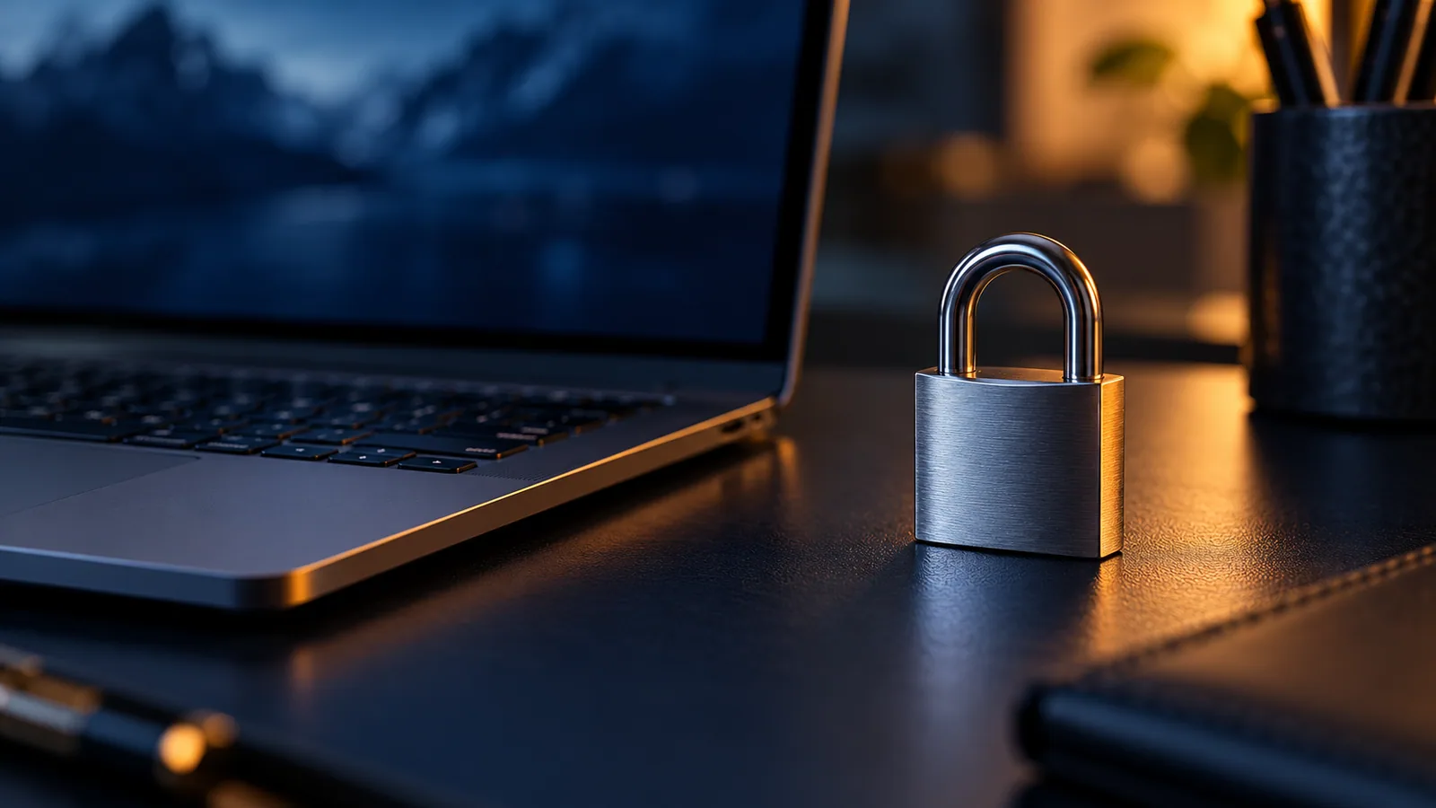 A padlock beside a laptop illustrating protection of support account information