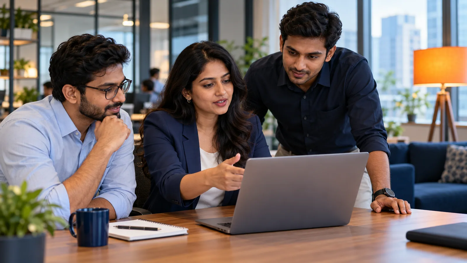 IT professionals reviewing a laptop together in a modern office