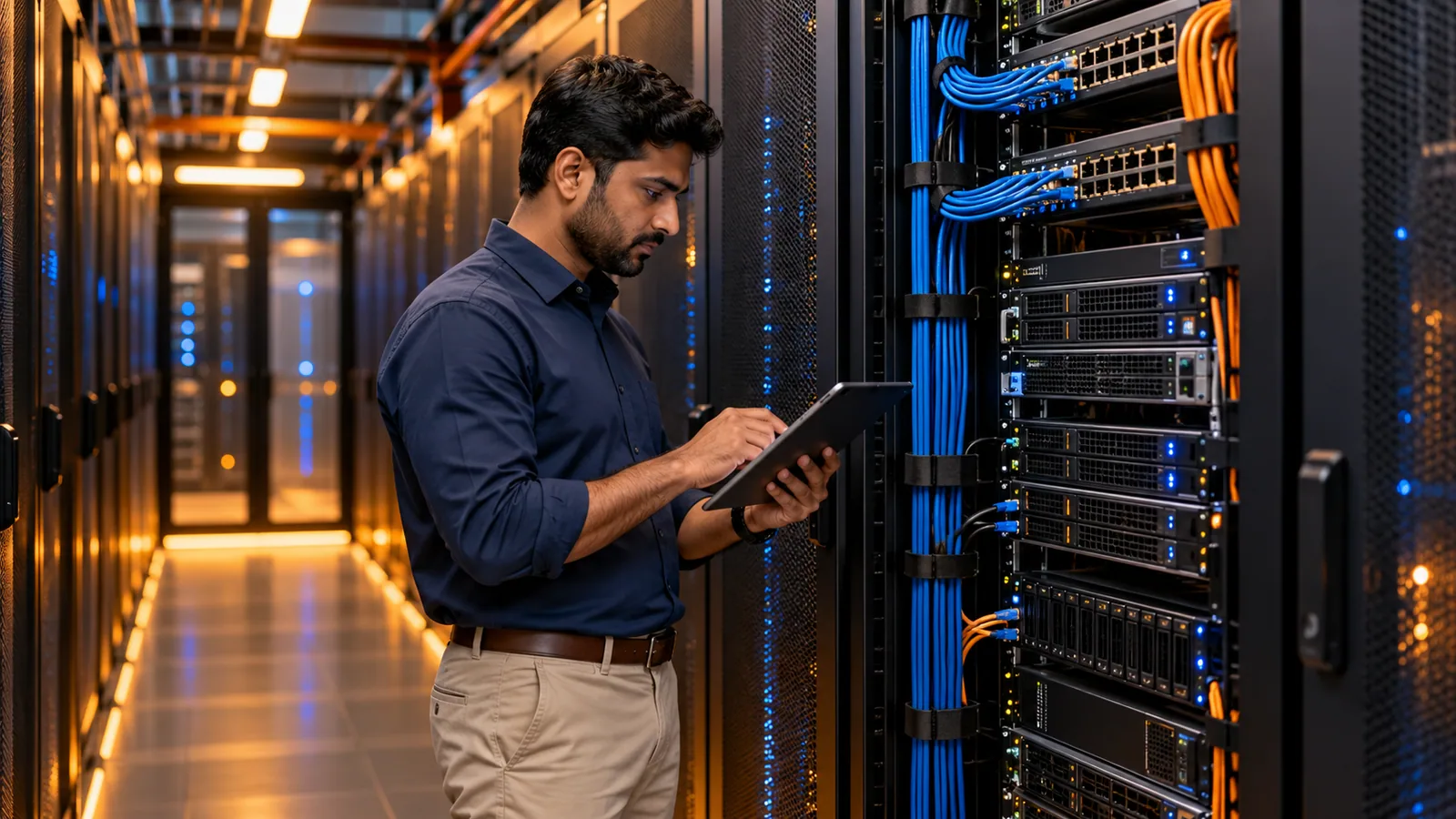 Infrastructure engineer inspecting enterprise server racks with a tablet